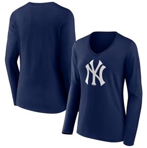 New York Yankees Navy w/ White Logo V-Neck Long Sleeve Shirt- Size M NWT
